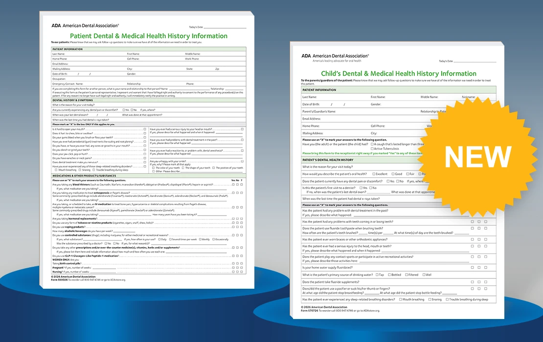 ADA Patient Health History Form and Children's Health History Form with a NEW label