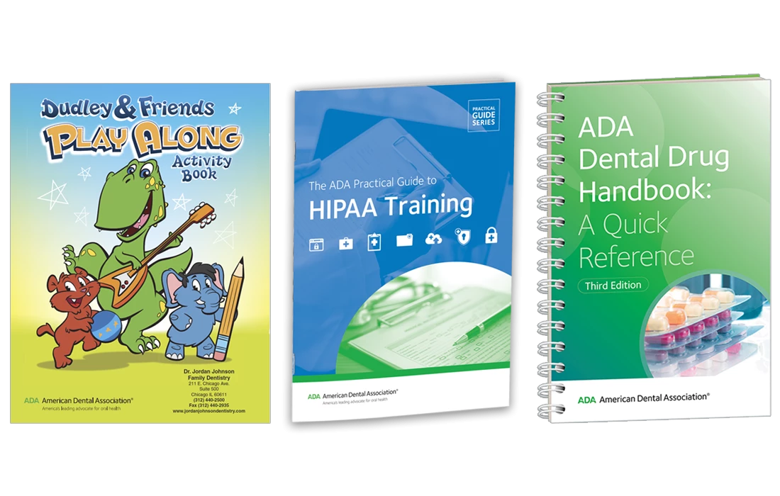 ADA Store resource covers: Dudley and Friends Activity Book, HIPAA Training and Dental Drug Handbook