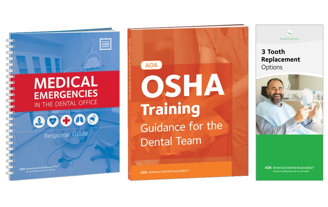 ADA Store resource covers: Medical Emergencies in the Dental Office, OSHA Training Guide, and Three Tooth Replacement Options