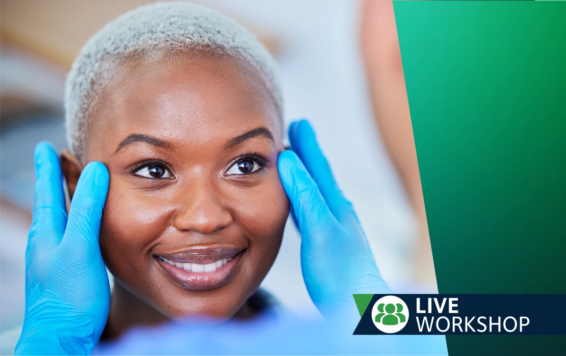Smiling woman being touched by hands wearing gloves