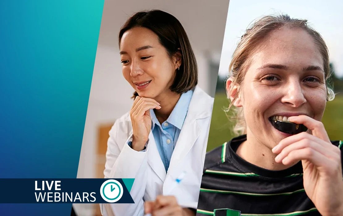 ADA Live Webinars: A female dental professional in a white coat seated looking at her computer and a female athlete showing her mouthguard