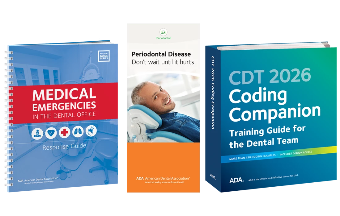 ADA Store resource covers: Medical Emergencies book, Periodontal Disease brochure and CDT 2026 Coding Companion book