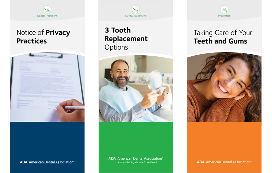 ADA Store resource covers: Notice of Privacy Practices, Three Tooth Replacement Options, and Taking Care of Your Teeth and Gums
