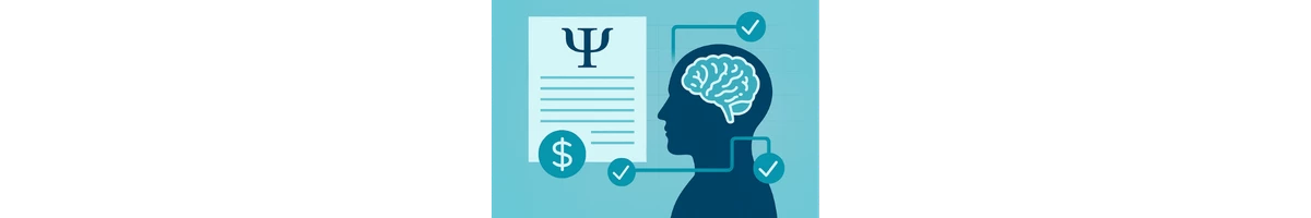 Image showing the graphic designs of a brain, dollar sign, and the symbol of psychology to illustrate the webinar topic of billing in psychological practice.