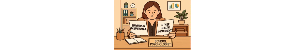 Image showing school psychologist considering two papers. One paper reads "emotional disturbance" and another reads "other healt