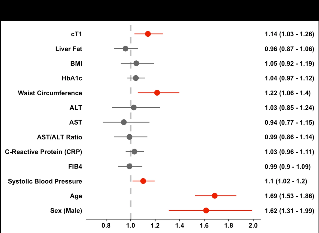 Figure 1: Liver disease activity (cT1) is associated with any major cardiovascular events in the whole population: Multivariable model: Hazard ratios of associations for risk of any major CVD event in the whole cohort; variables treated as continuous based on Z-scores to enable comparisons across different unit scales. Significant associations shown in red