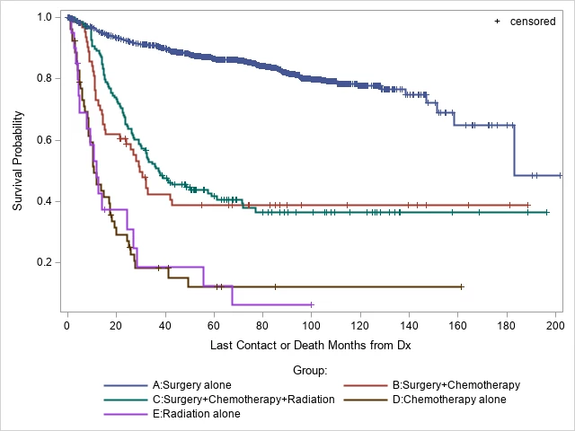<b>Figure 1: Kaplan Meier Overall Survival Curves between the 5 Treatment Groups</b>