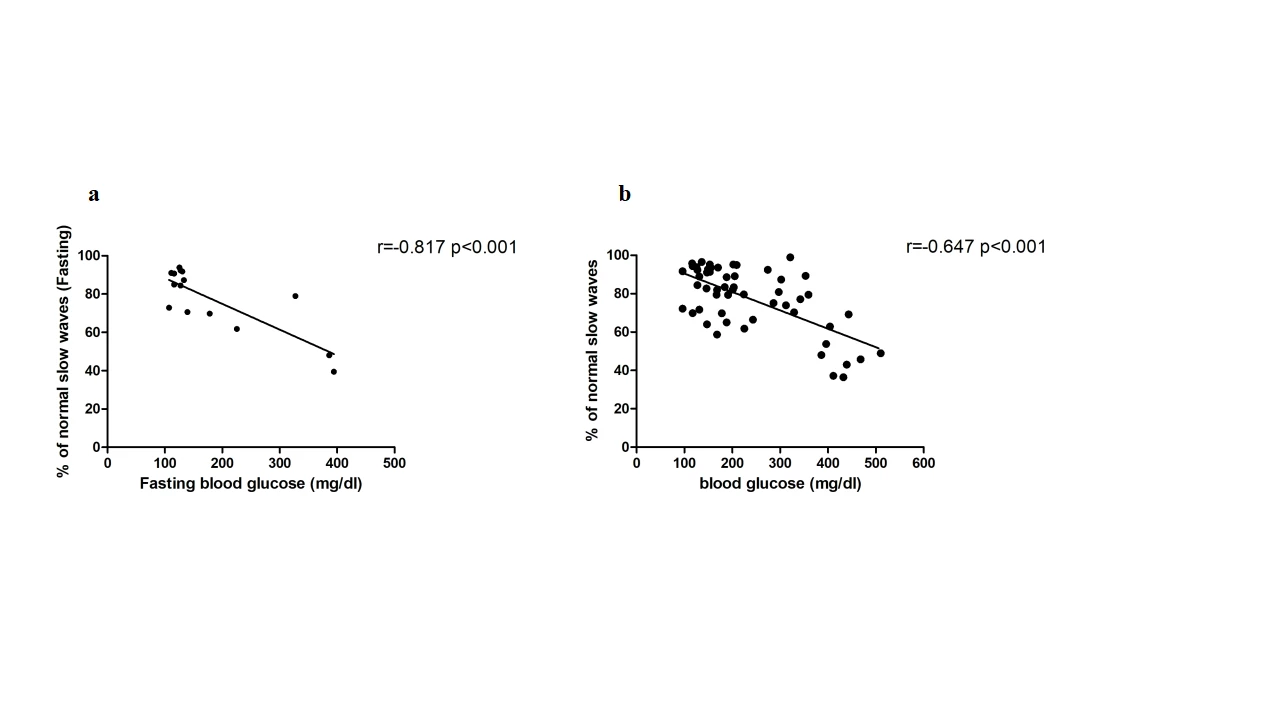 Correlation of blood glucose and the percentage of normal slow wave (% NSW)<br /> Fig.a In the fasting state, % NSW was correlated with the blood glucose level in diabetic rats (r=-0.817, P<0.001); Fig.b After glucose administration, the increase in blood glucose was correlated with a decrease in % NSW (r=-0.647, P<0.001).