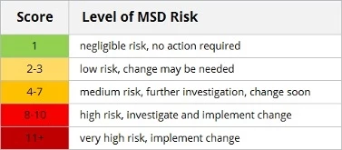 Figure 1. Rapid Entire Body Assessment (REBA) score and associated level of musculoskeletal (MSD) risk