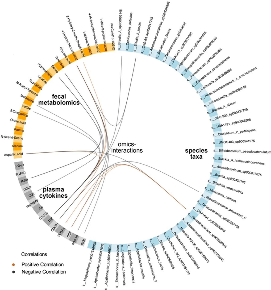 <b>Figure 2. Interactions among Omics features associated with ICI outcomes and colitis: </b>Select omics features are shown chosen based on prevalence and/or association with ICI colitis or outcomes. Interactions between omics features are from a multiblock(s) PLS model (mixOmics DIABLO) and reveal possible biologically relevant interactions, e.g negative association of TNF plasma cytokine with <i>Blautia</i> spp. and branched chain amino acids valine and isoleucine in pre-treatment stool samples. Quantitative metabolomics was performed (multiple LC-MS based methods, TMIC MEGA, The Metabolomics Innovation Center) on 172 stool samples; 618 metabolites were quantified, of which 202 metabolites were detected in more than 25% of samples. A panel of 96 inflammatory markers was assessed in plasma for 151 samples (Olink inflammation panel).