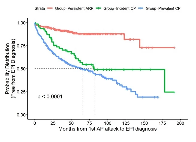 Figure 1: Months from first acute pancreatitis (AP) attack to diagnosis of exocrine pancreatic insufficiency (EPI) by group