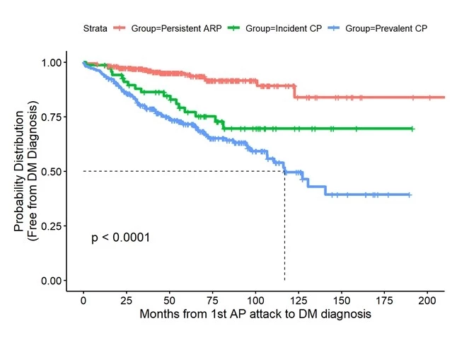 Figure 2: Months from first acute pancreatitis (AP) attack to diagnosis of diabetes mellitus (DM) by group