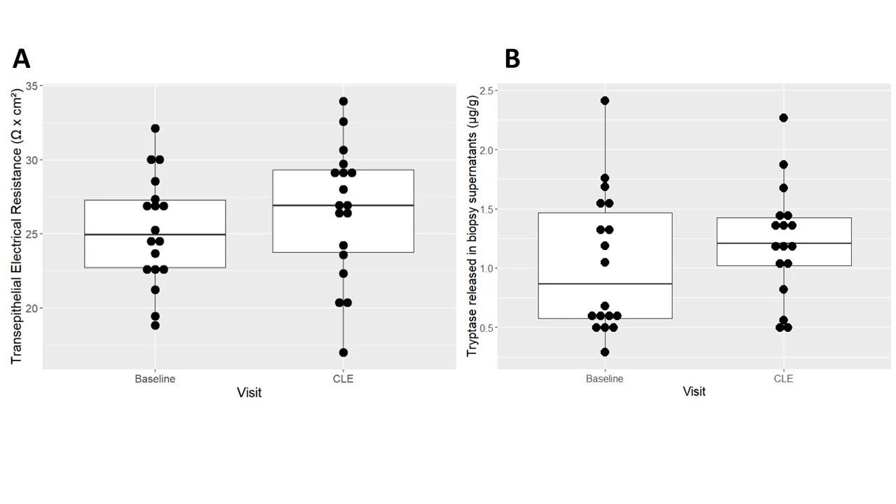 <i>Figure 1: Ex vivo measurements at baseline and after visualization of acute mucosal alterations. Panel A: Transepithelial electrical resistance (TEER), Panel B: Tryptase release in biopsy supernatants after 24h incubation normalized to biopsy weight.</i>