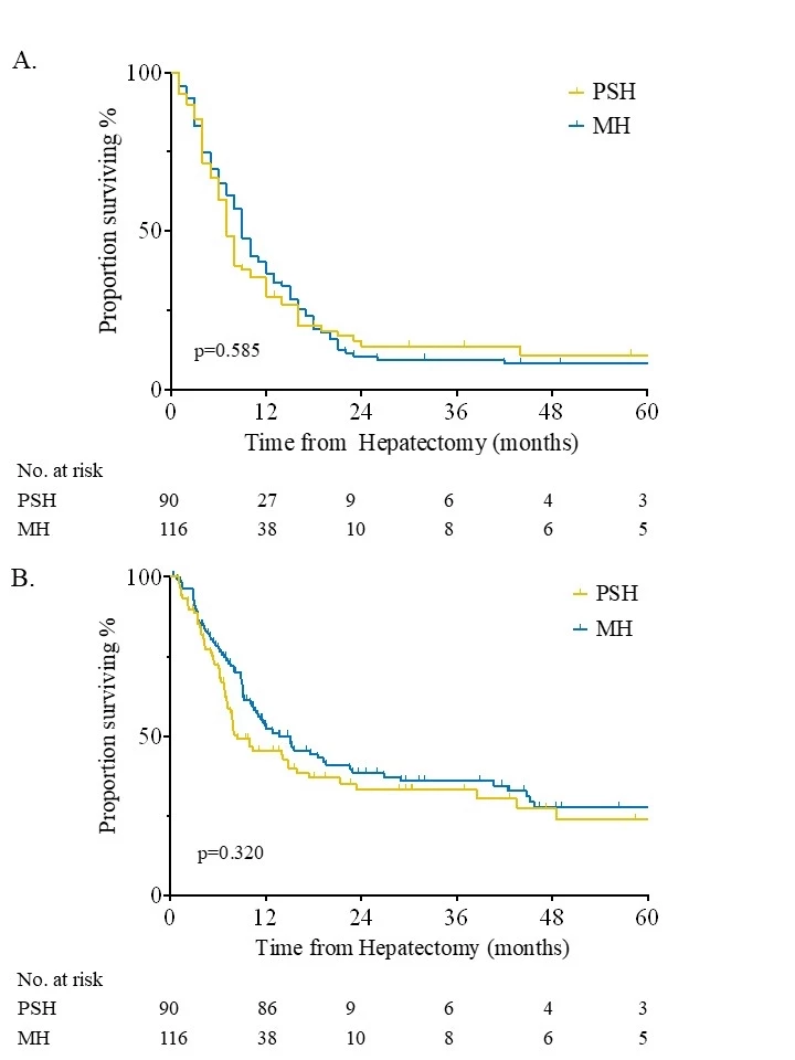 <b>Figure 2. </b>Kaplan-Meier curves for Recurrence-Free Survival (A) and Hepatic-Specific Disease-Free Survival (B) by surgical approach. PSH, Parenchymal-Sparing Hepatectomy; MH, Major Hepatectomy.