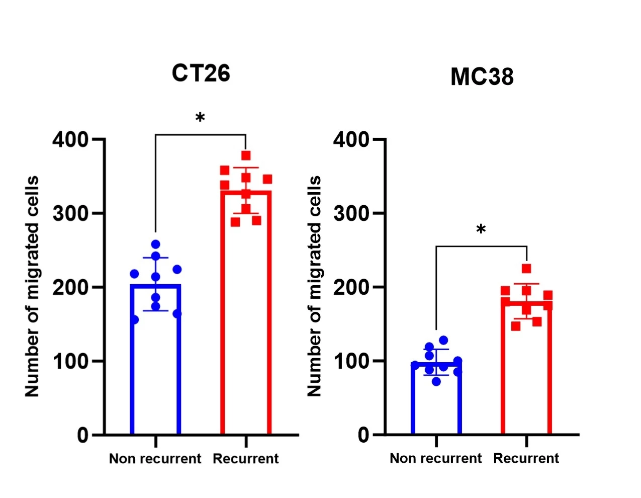 <b>Fig 1. </b>The intraluminal contents recovered from patients who developed a recurrence significantly increased the migration of both CT26 and MC38 cancer cells compared to contents recovered from patients who did not develop a recurrence. n=3 patents per cohort run in triplicate; *p<0.0001