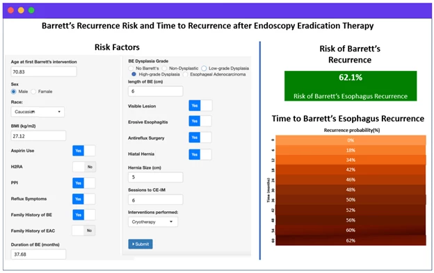 <b>Figure 2. </b>Web-based Barrett’s recurrence and time to recurrence calculator after endoscopic eradication therapy. The user interface includes inputs for each variable in the model (left) with the output displayed on the right, including the predicted risk of Barrett’s in green (top) as well as the time to recurrence as a heat-map for up to 60 months from the endoscopic eradication therapy (bottom).